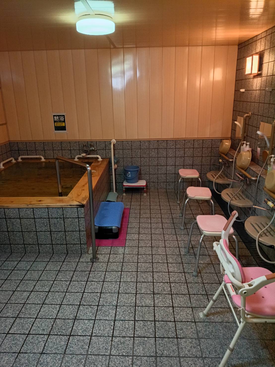 手すりと洗い場を備えた二口店の浴室