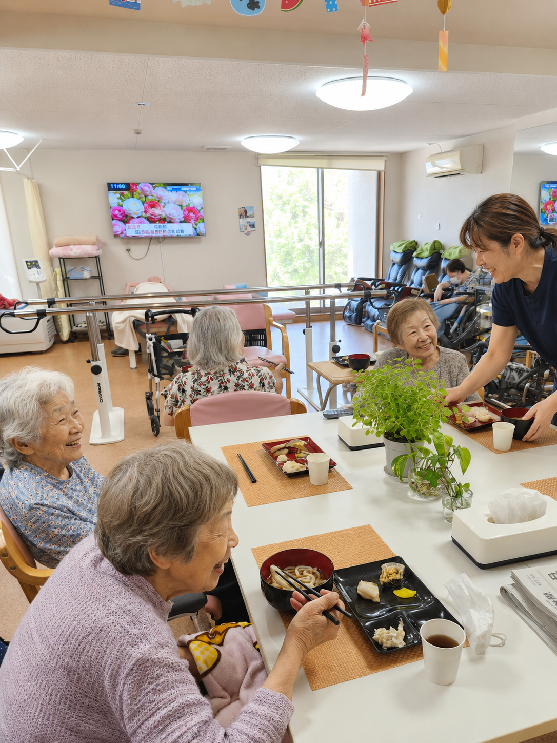 北安江2号店で利用者さまとスタッフが昼食の時間を過ごす様子