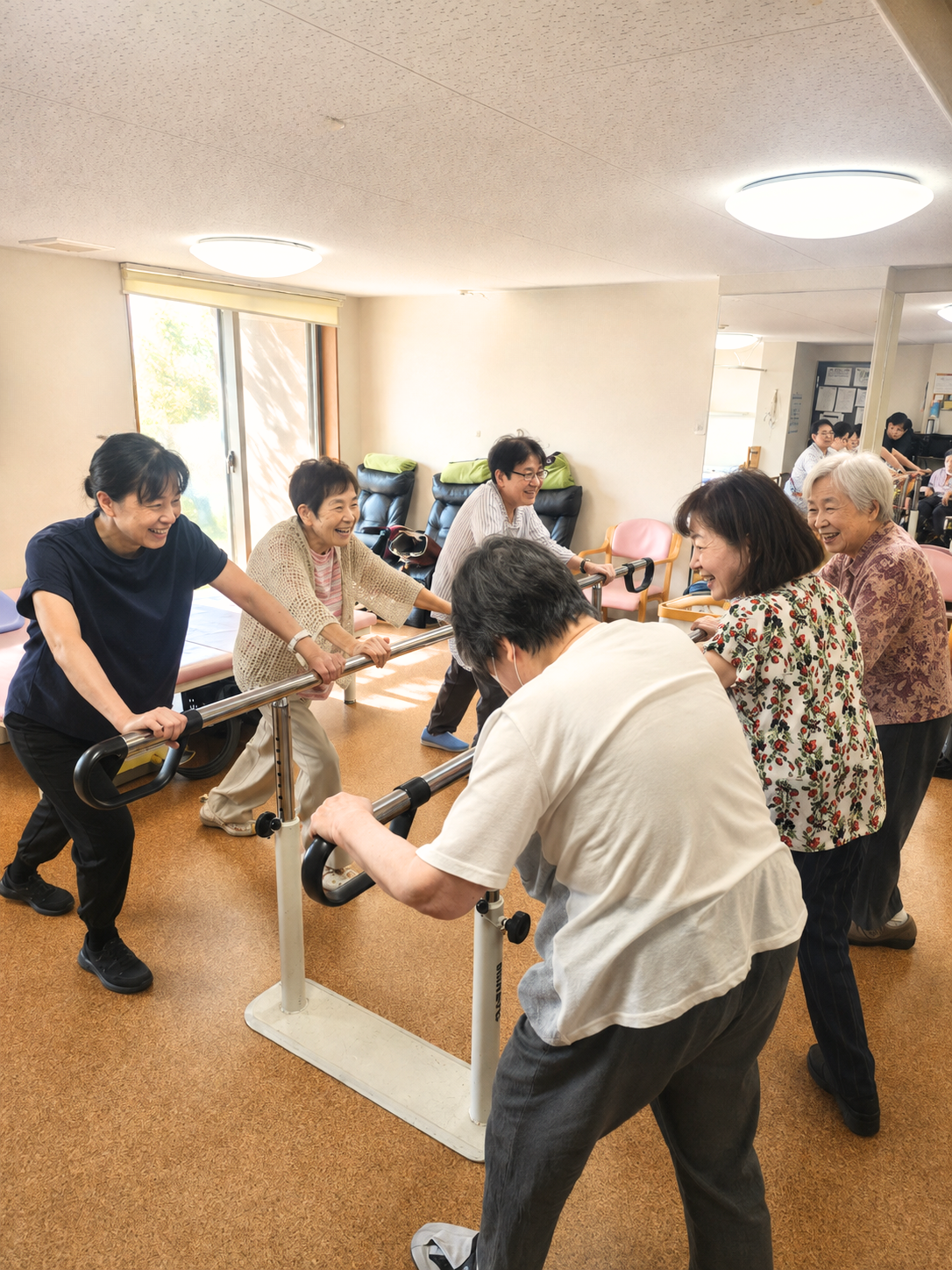 北安江2号店で利用者さまとスタッフが機能訓練に取り組む様子