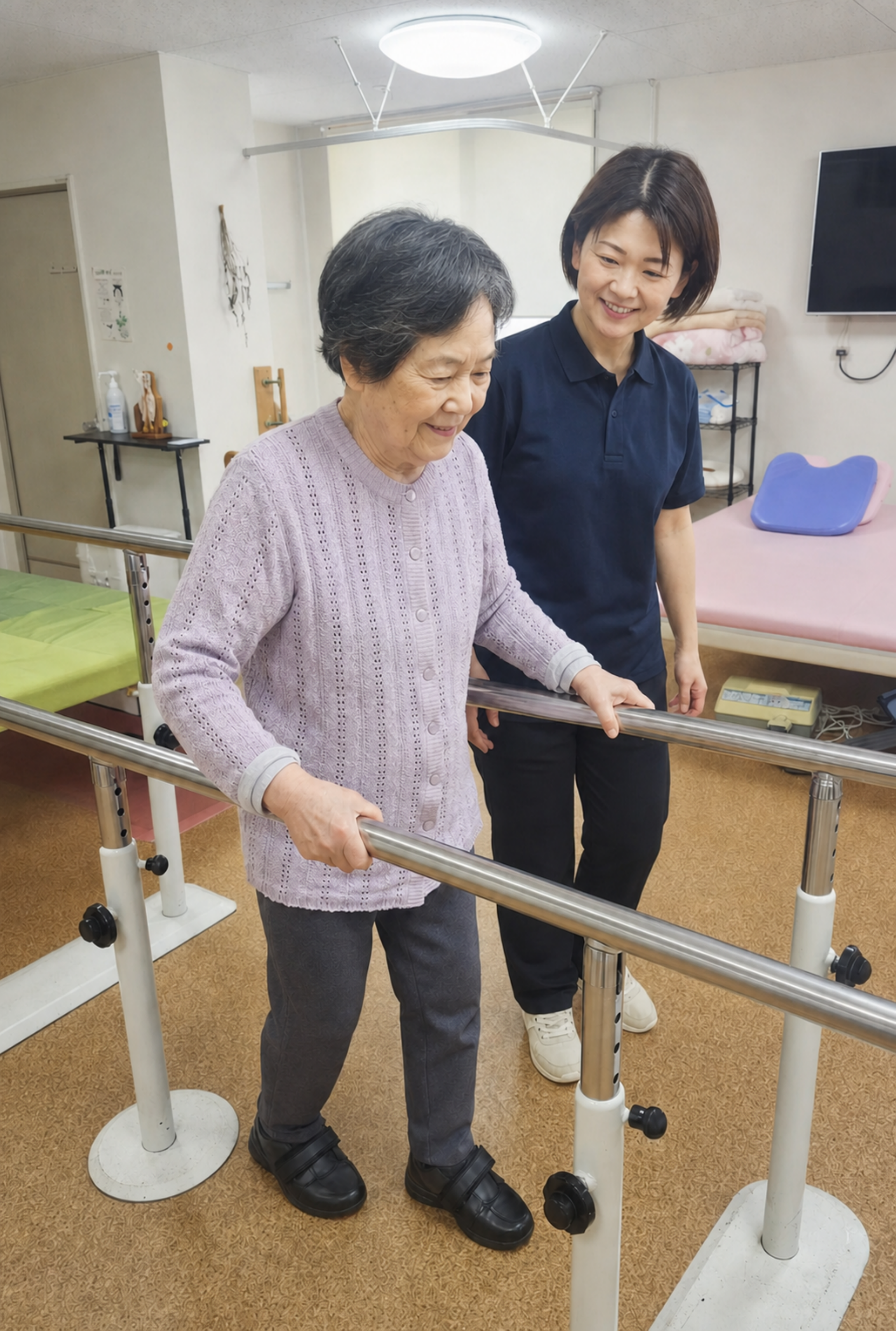 北安江2号店で利用者さまが平行棒を使った歩行訓練に取り組む様子