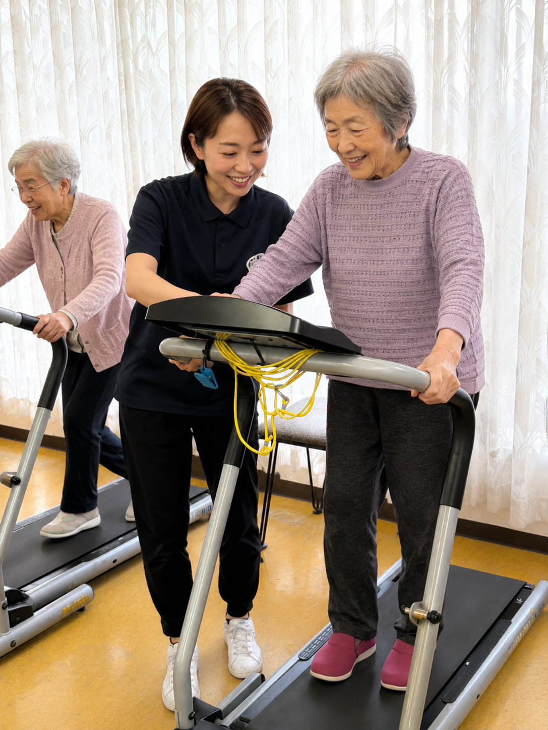 スタッフと一緒にルームランナーで運動する様子
